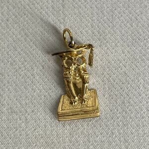Sterling Gold Tone Owl Pendant Graduation Owl on Book Vintage Signed AM 1"